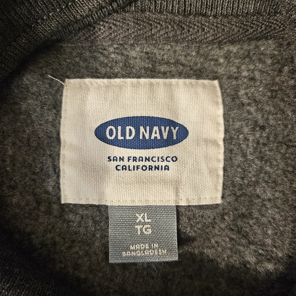 Old Navy shawl‎ collar pullover sweatshirt in a heathered charcoal gray.